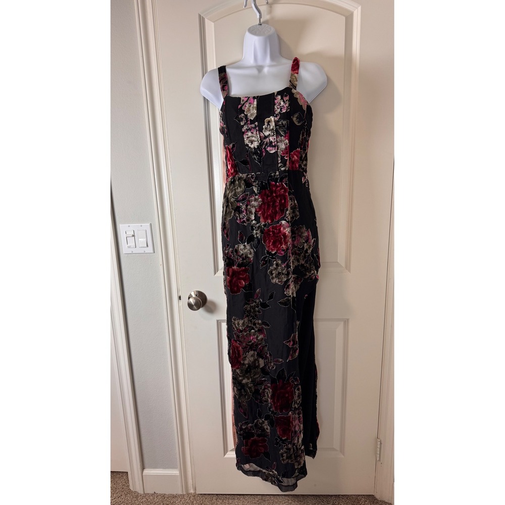 Lulus Black Floral Burnout Velvet Maxi Dress Square Neck Side Slit Size L NEW